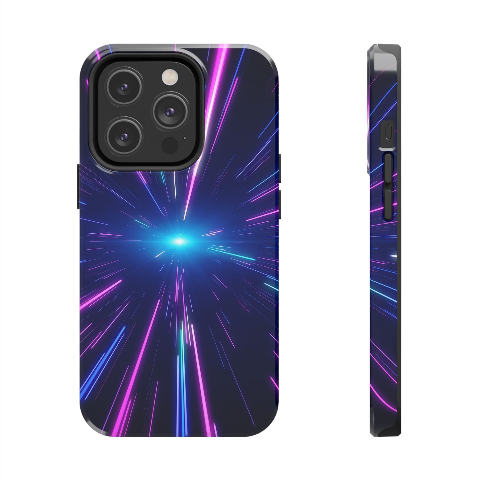 Phone case with a vibrant, starburst design featuring purple and blue lines on a black background.