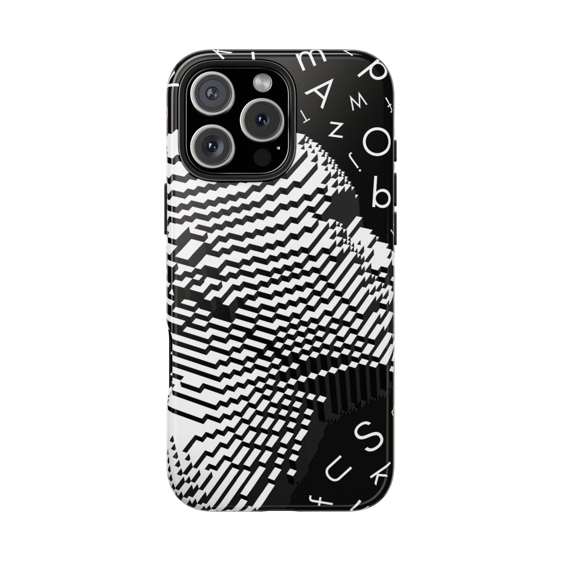 Phone case with black and white geometric pattern and brand name on a white background