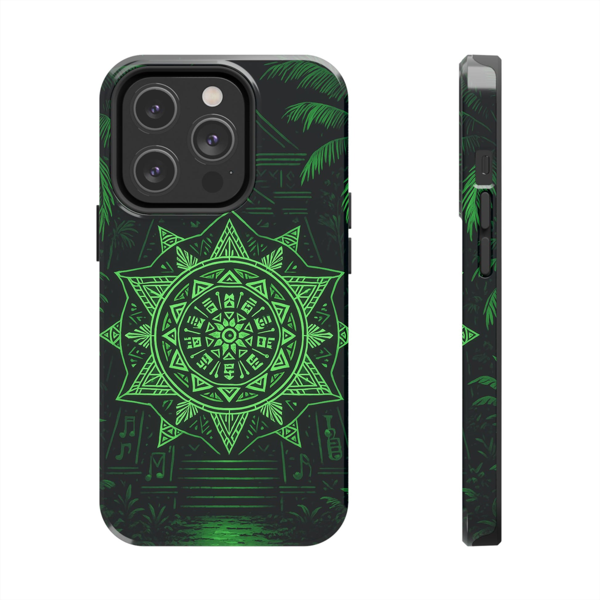 Phone case with green geometric design on a black background