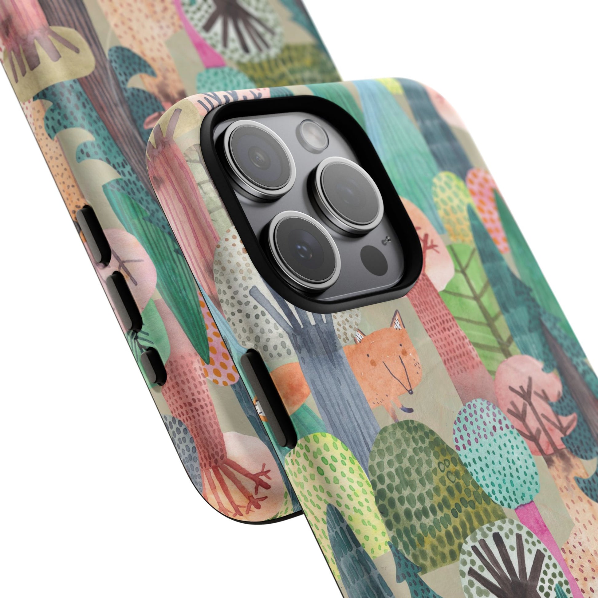 Phone case with colorful animal and nature design on a white background