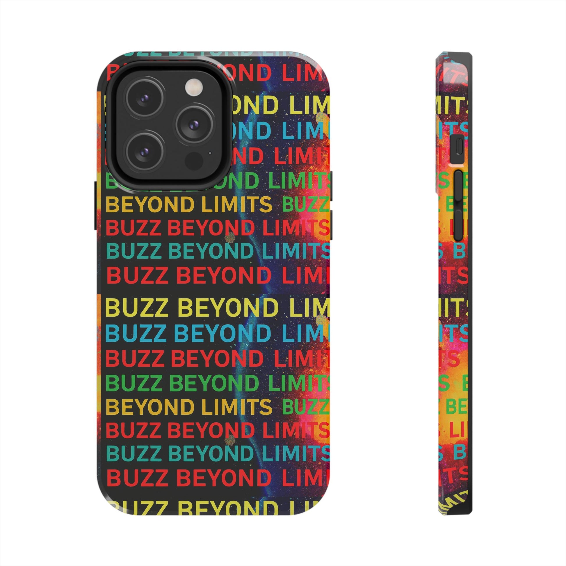 Phone case with 'Beyond Limits' and 'Buzz Beyond' text in multicolor on a white background
